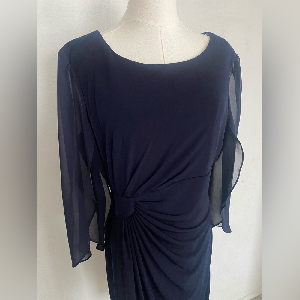 Connected Apparel Navy Blue Ruched Midi Dress Size 12 Sheer Sleeves New